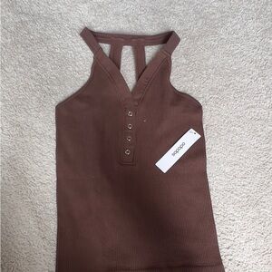 Brown Cut Out Tank Top with Buttoned Scoop Neck